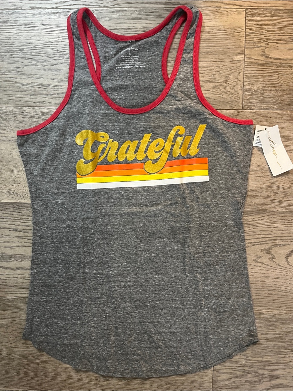 NWT Women’s Grey Racerback Tank with 'Grateful' Striped logo